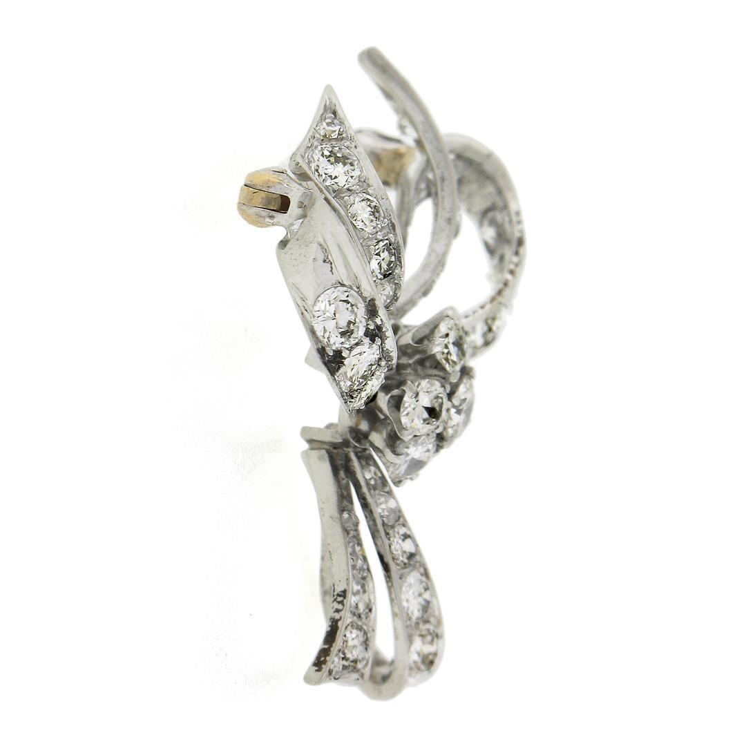 Vintage Solid Platinum 1.95 ctw Old Cut Diamond Ribbon Bow Flower Pin Brooch
