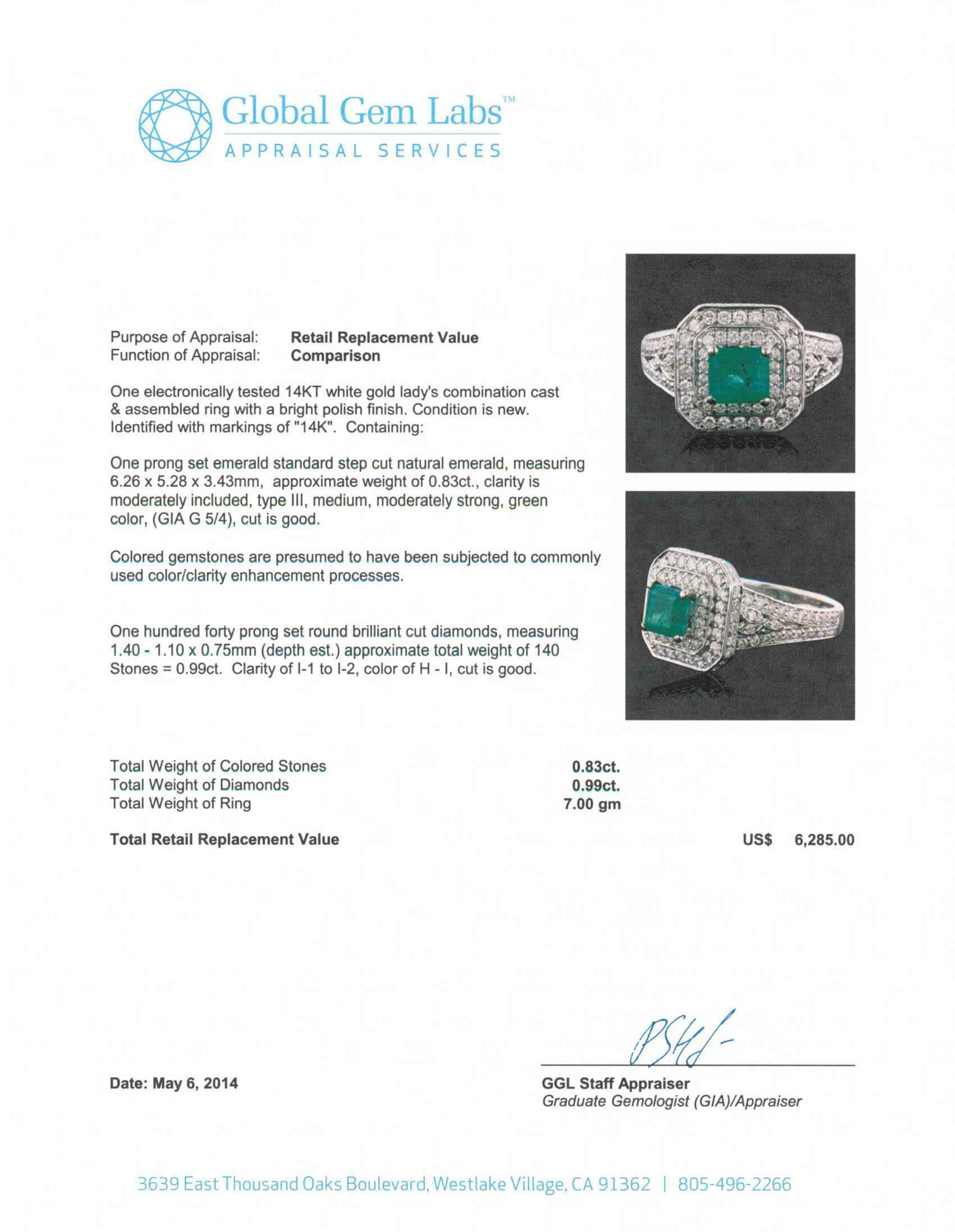 14KT White Gold 0.83 ctw Emerald and Diamond Ring