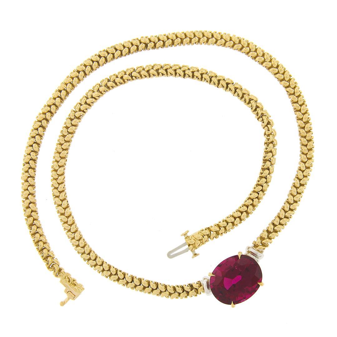 18K Two Tone Gold 12.82 ctw GIA Large Oval Red Rubellite Tourmaline 16" Necklace
