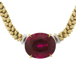 18K Two Tone Gold 12.82 ctw GIA Large Oval Red Rubellite Tourmaline 16" Necklace