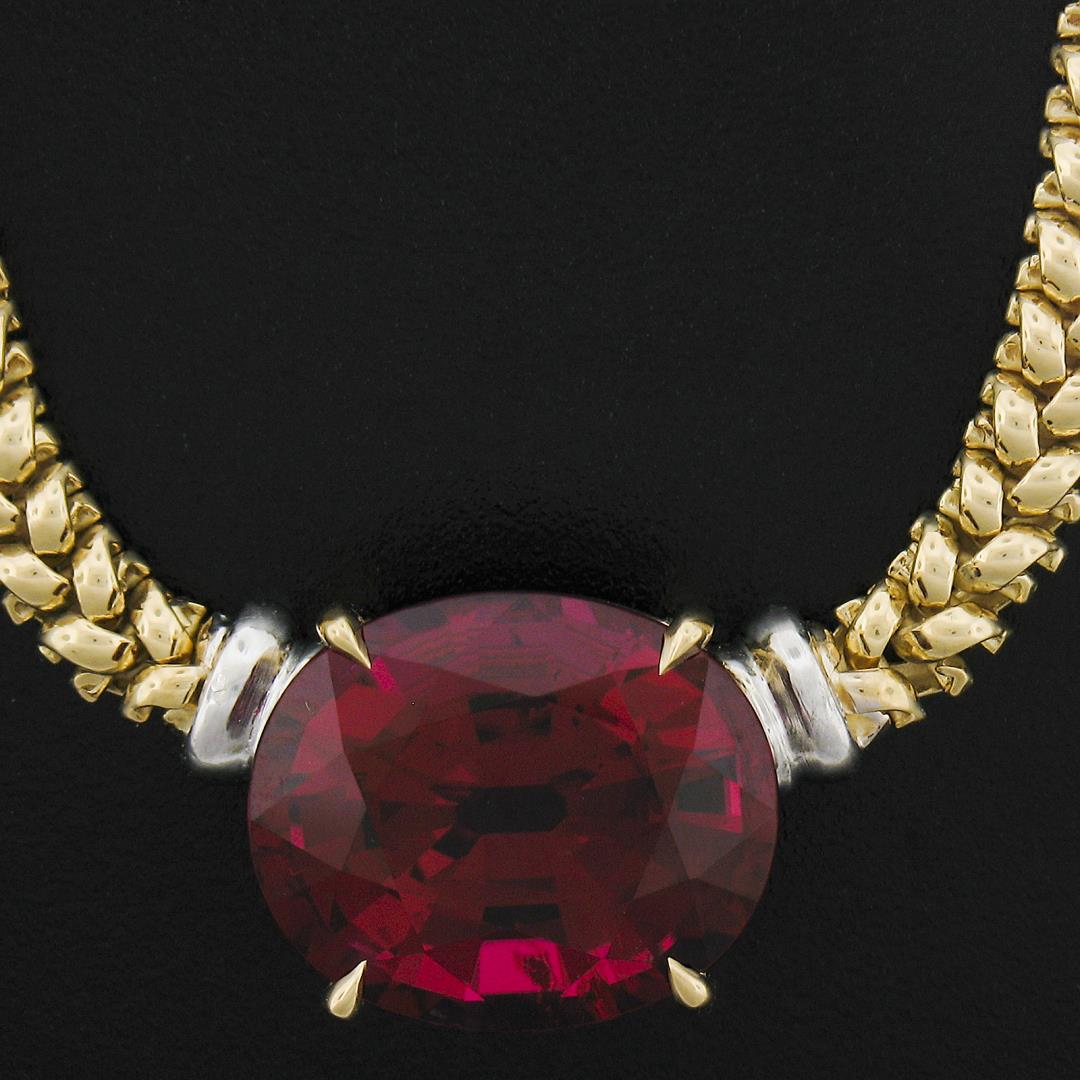 18K Two Tone Gold 12.82 ctw GIA Large Oval Red Rubellite Tourmaline 16" Necklace