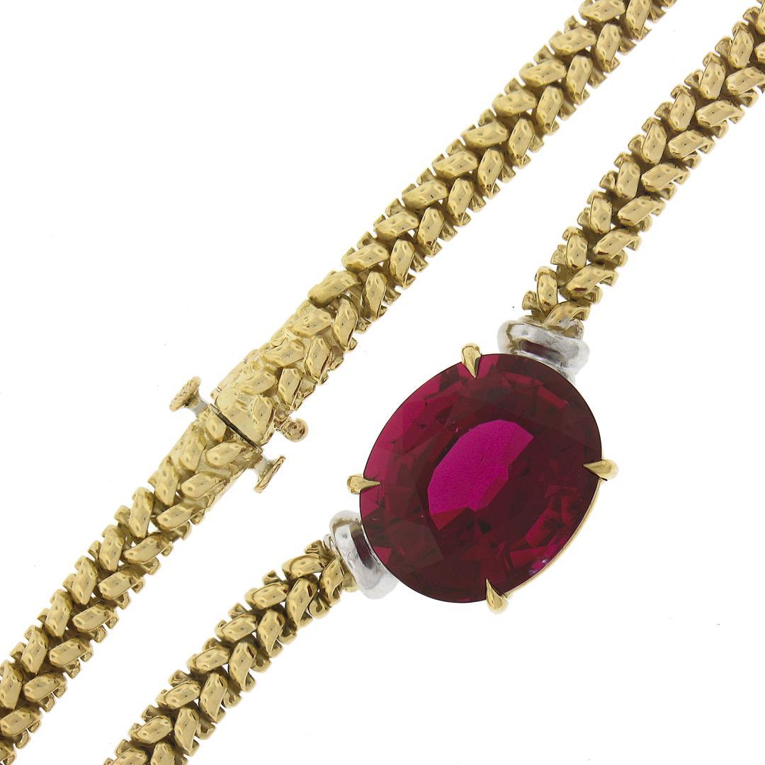 18K Two Tone Gold 12.82 ctw GIA Large Oval Red Rubellite Tourmaline 16" Necklace