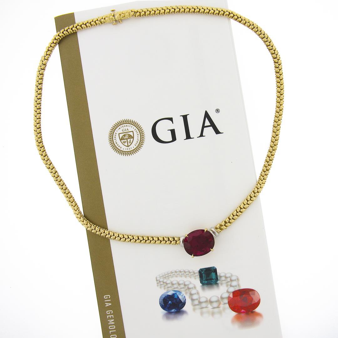 18K Two Tone Gold 12.82 ctw GIA Large Oval Red Rubellite Tourmaline 16" Necklace