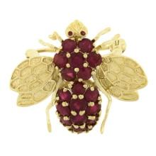 14K Yellow Gold 1.40 ctw Round Ruby Detailed Textured Fly Bee Insect Pin Brooch