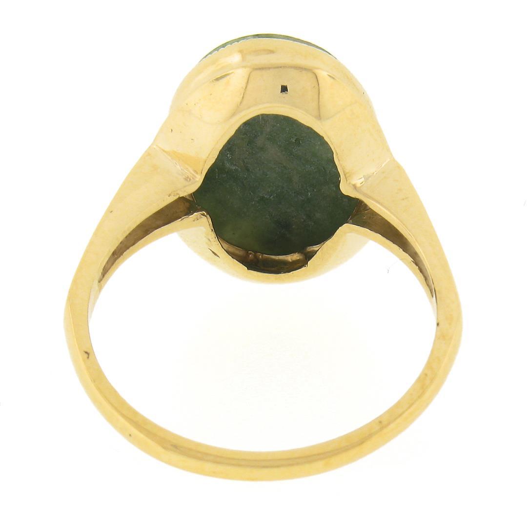 10K Gold Milgrain Bezel Set Oval Cabochon Jade Polished Simple Solitaire Ring