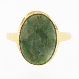 10K Gold Milgrain Bezel Set Oval Cabochon Jade Polished Simple Solitaire Ring