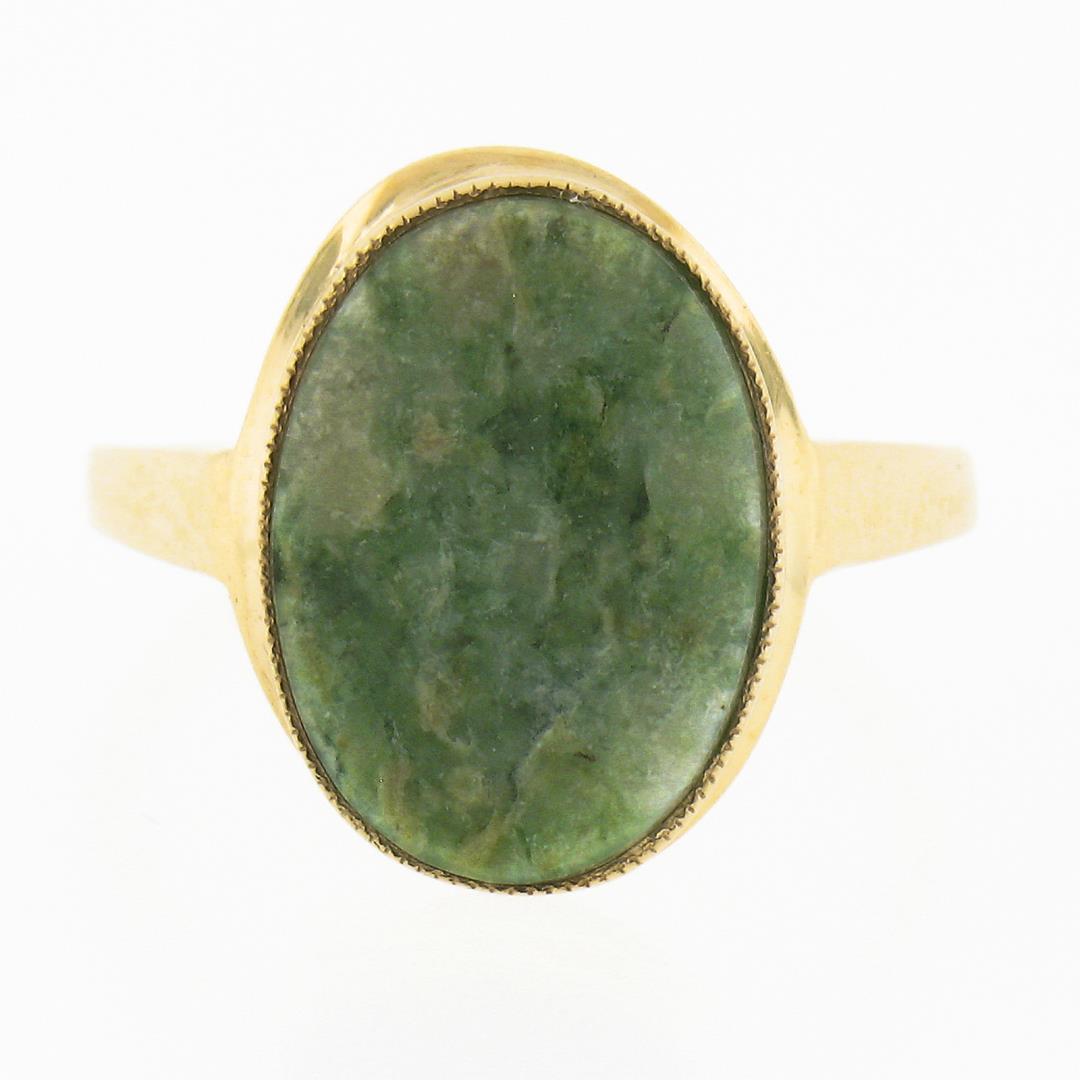 10K Gold Milgrain Bezel Set Oval Cabochon Jade Polished Simple Solitaire Ring