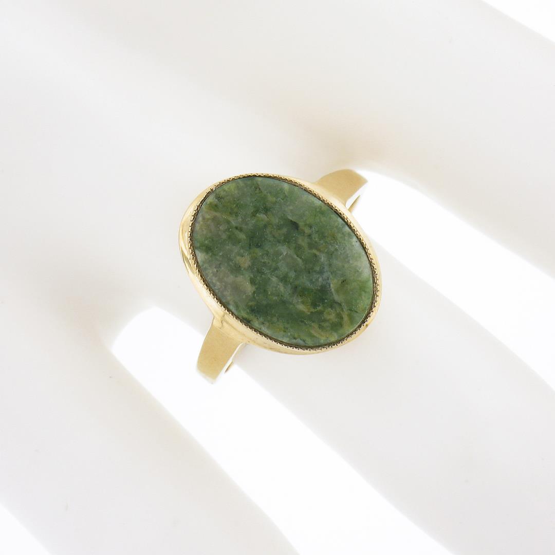 10K Gold Milgrain Bezel Set Oval Cabochon Jade Polished Simple Solitaire Ring