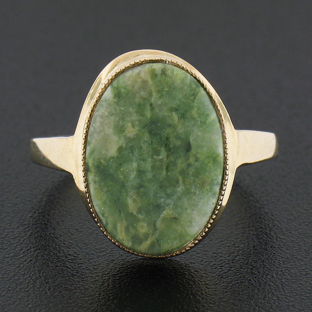 10K Gold Milgrain Bezel Set Oval Cabochon Jade Polished Simple Solitaire Ring
