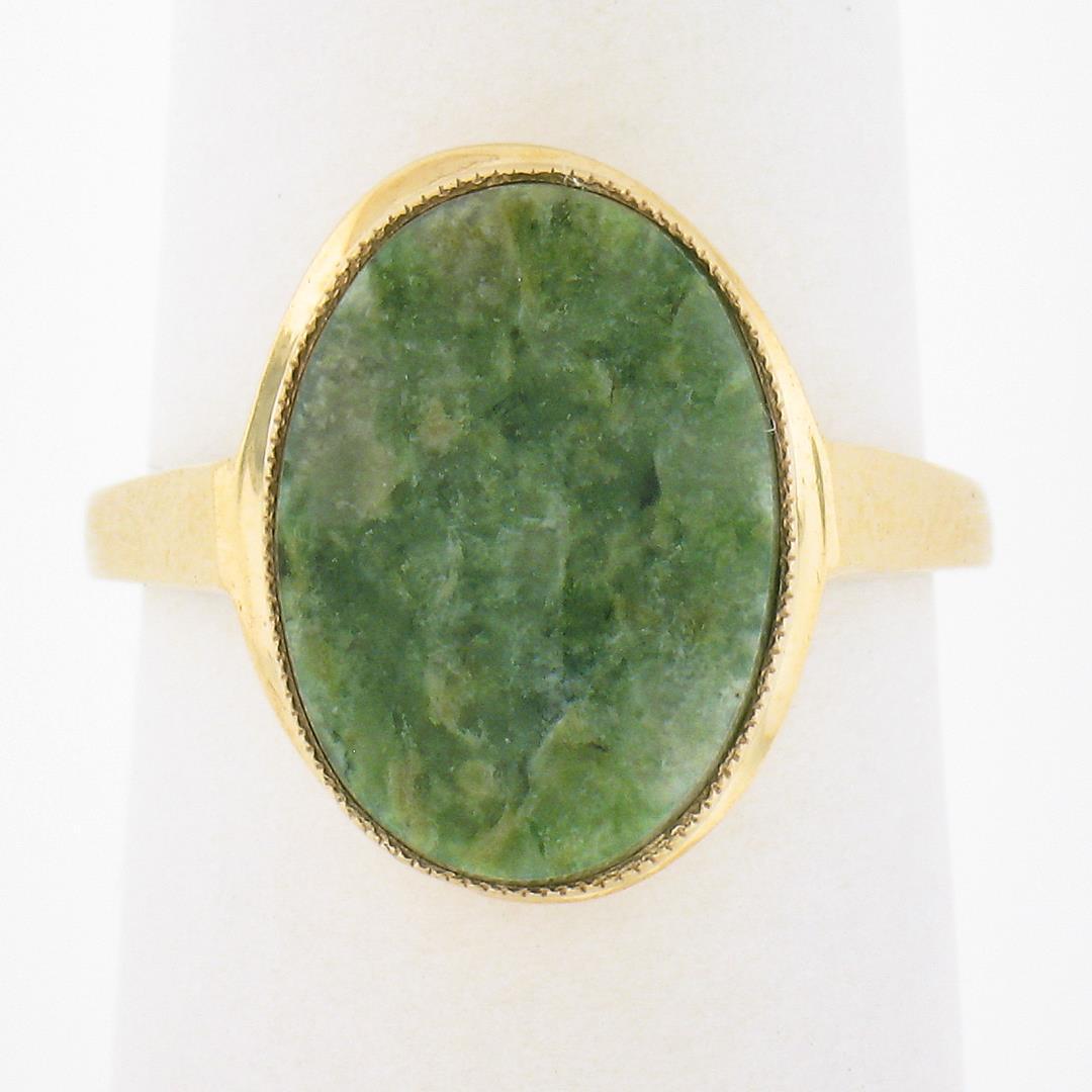 10K Gold Milgrain Bezel Set Oval Cabochon Jade Polished Simple Solitaire Ring