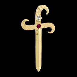 Vintage Retro 18k Gold Ruby Diamond Textured Florentine Sword Dagger Brooch Pin