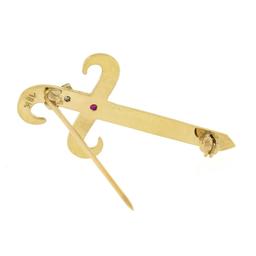 Vintage Retro 18k Gold Ruby Diamond Textured Florentine Sword Dagger Brooch Pin