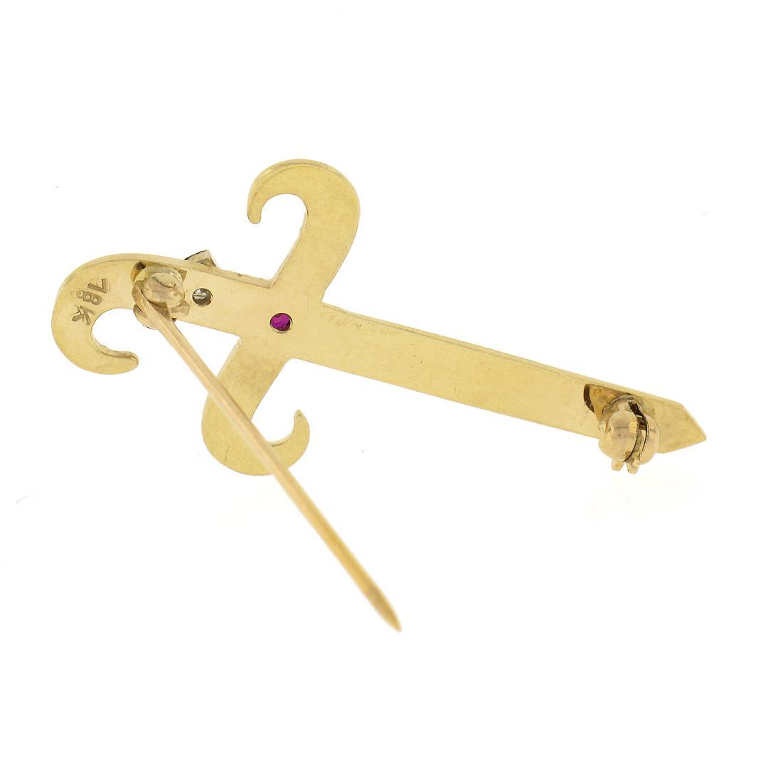 Vintage Retro 18k Gold Ruby Diamond Textured Florentine Sword Dagger Brooch Pin