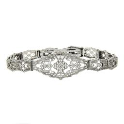 Antique Esemco 10k White Gold 0.03 ctw Diamond Milgrain Filigree Belly Bracelet