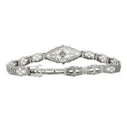 Antique Esemco 10k White Gold 0.03 ctw Diamond Milgrain Filigree Belly Bracelet