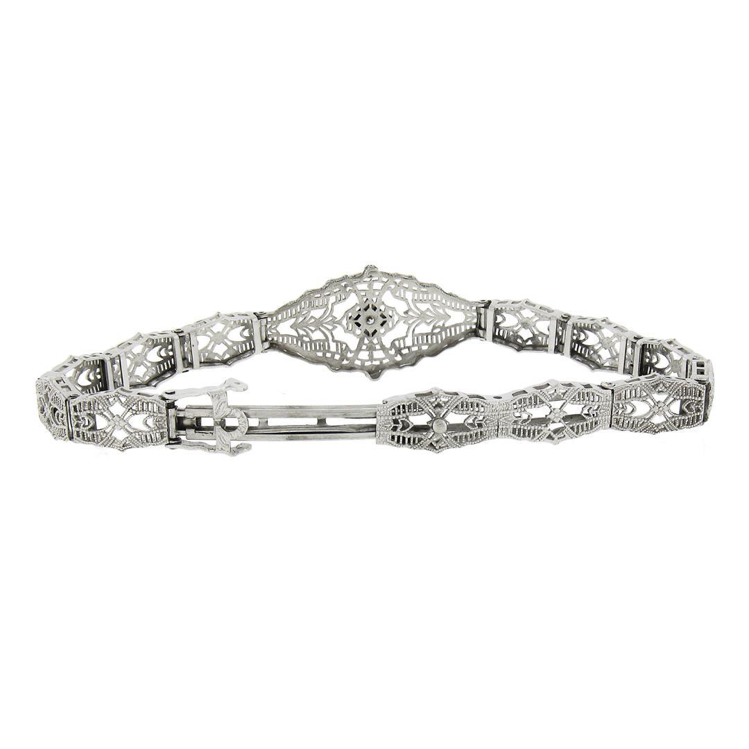 Antique Esemco 10k White Gold 0.03 ctw Diamond Milgrain Filigree Belly Bracelet