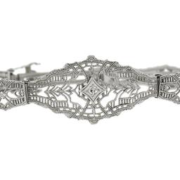 Antique Esemco 10k White Gold 0.03 ctw Diamond Milgrain Filigree Belly Bracelet