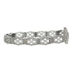Antique Esemco 10k White Gold 0.03 ctw Diamond Milgrain Filigree Belly Bracelet