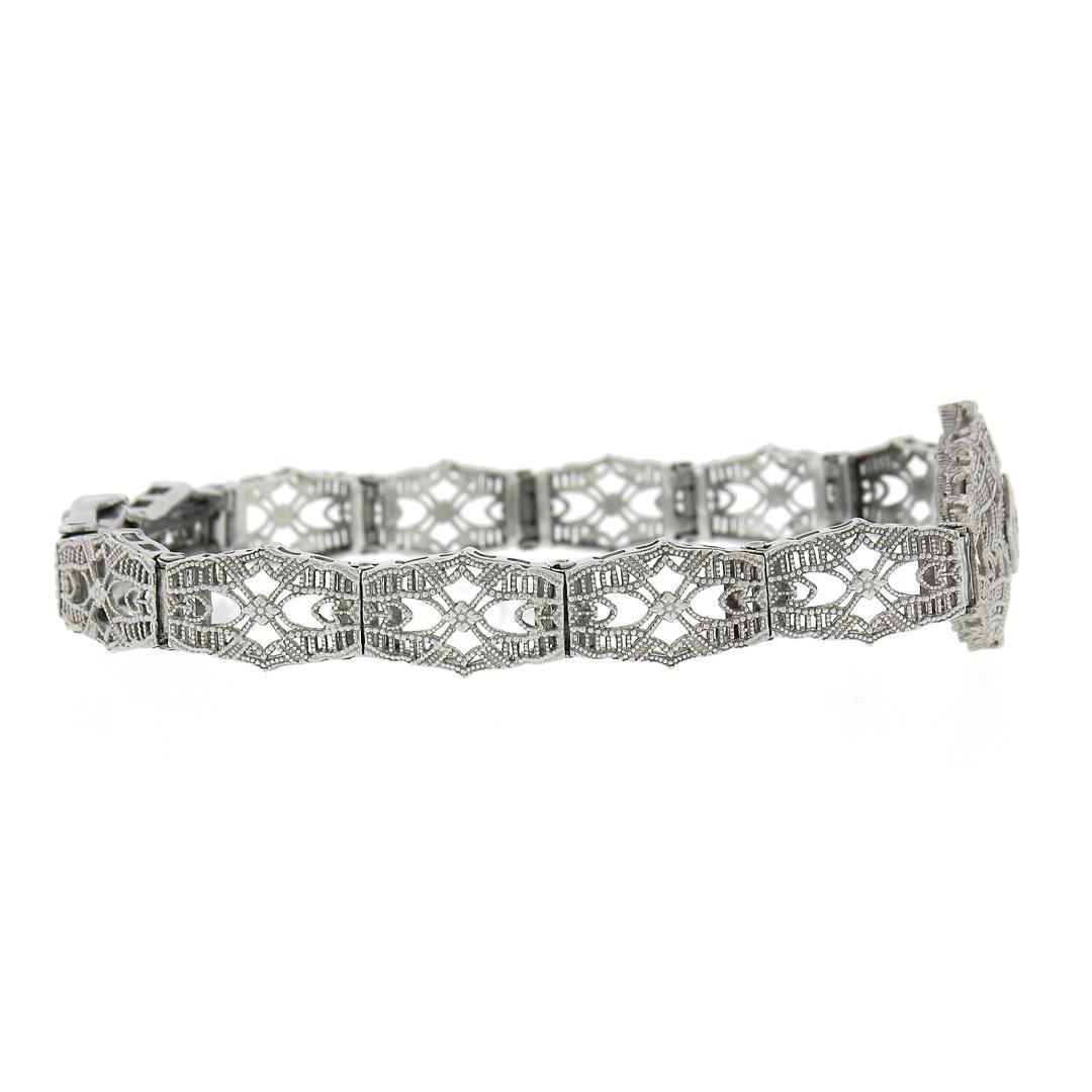 Antique Esemco 10k White Gold 0.03 ctw Diamond Milgrain Filigree Belly Bracelet