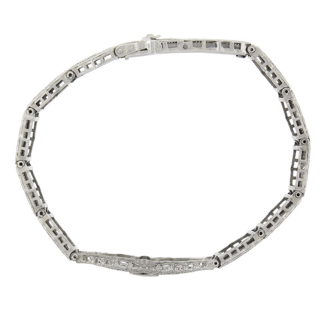 Antique Esemco 10k White Gold 0.03 ctw Diamond Milgrain Filigree Belly Bracelet