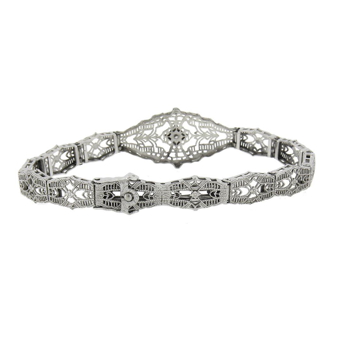 Antique Esemco 10k White Gold 0.03 ctw Diamond Milgrain Filigree Belly Bracelet