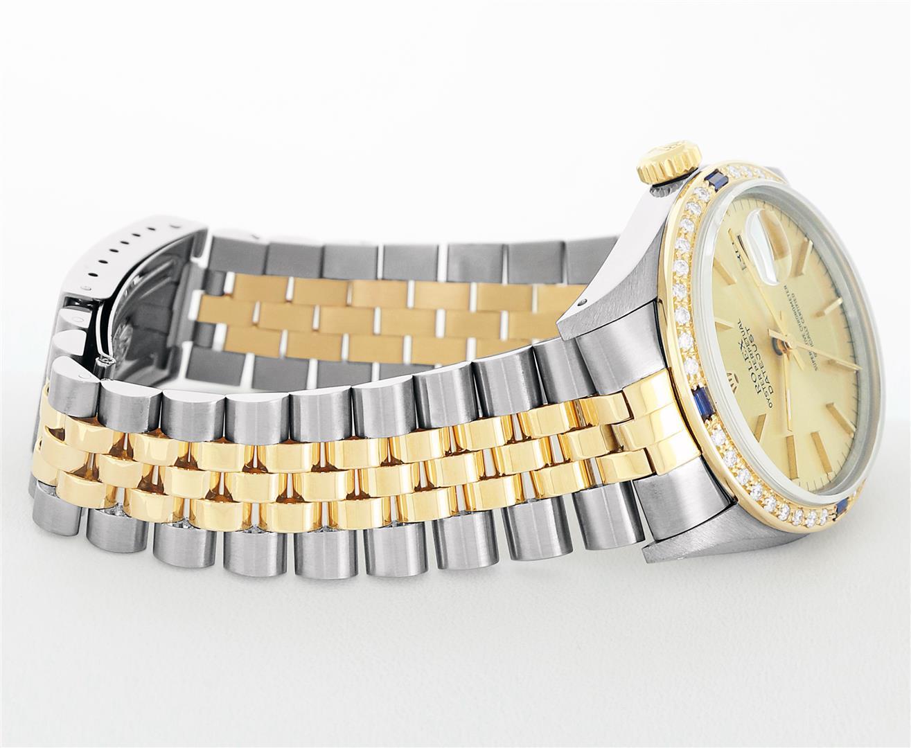 Rolex Mens Champagne Index Dial 18K Yellow Gold Sapphire And Diamond Bezel Datej