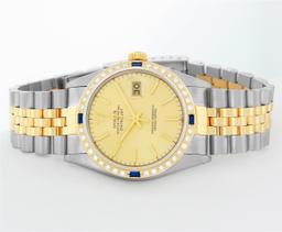 Rolex Mens Champagne Index Dial 18K Yellow Gold Sapphire And Diamond Bezel Datej