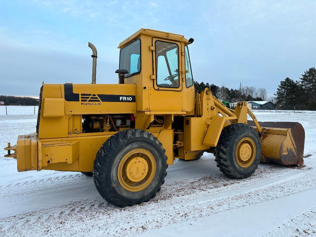 1983 Fiat Allis FR10 wheel loader, cab w/ heat, 17.5x25 tires, 2-spd trans, GP bucket, runs &