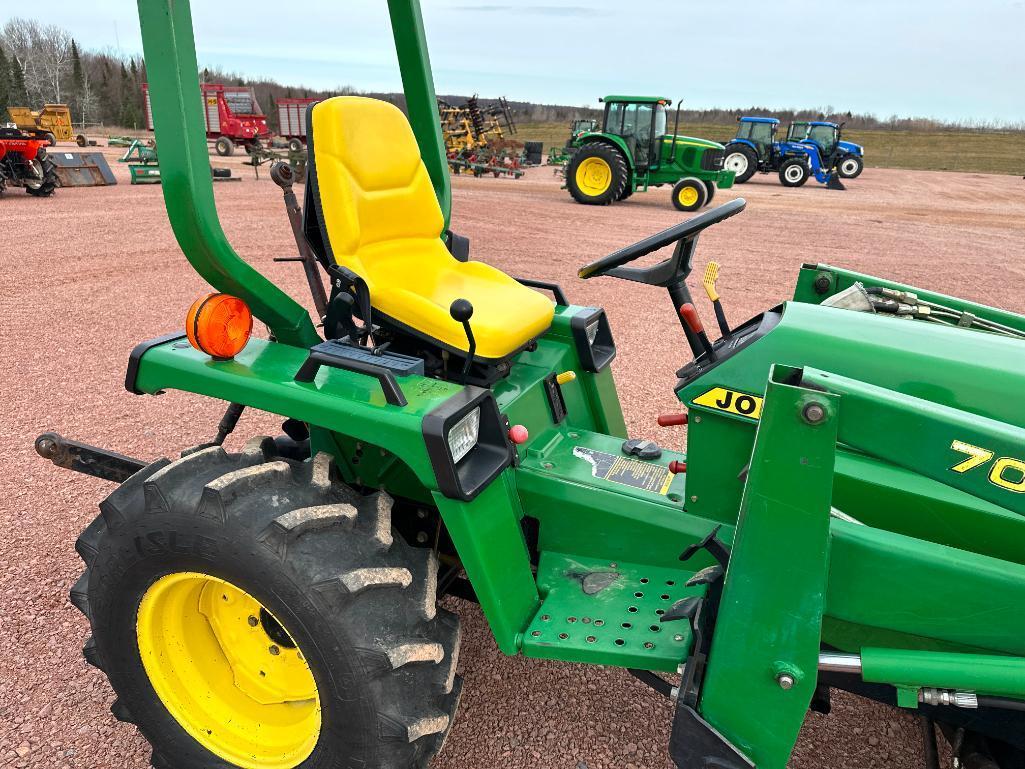 1993 John Deere 755 compact tractor, open station, 4x4, John Deere 70 loader, hydro trans, bar