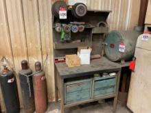 24 in x 40 in steel table w/ drawers & upper storage ; w/ contents.