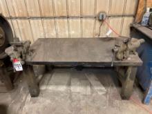 32 in x 60 in steel table; w/ two 5 inch vises.