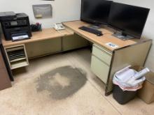 Office desk; L-shaped, steel frame, laminate top; no contents.