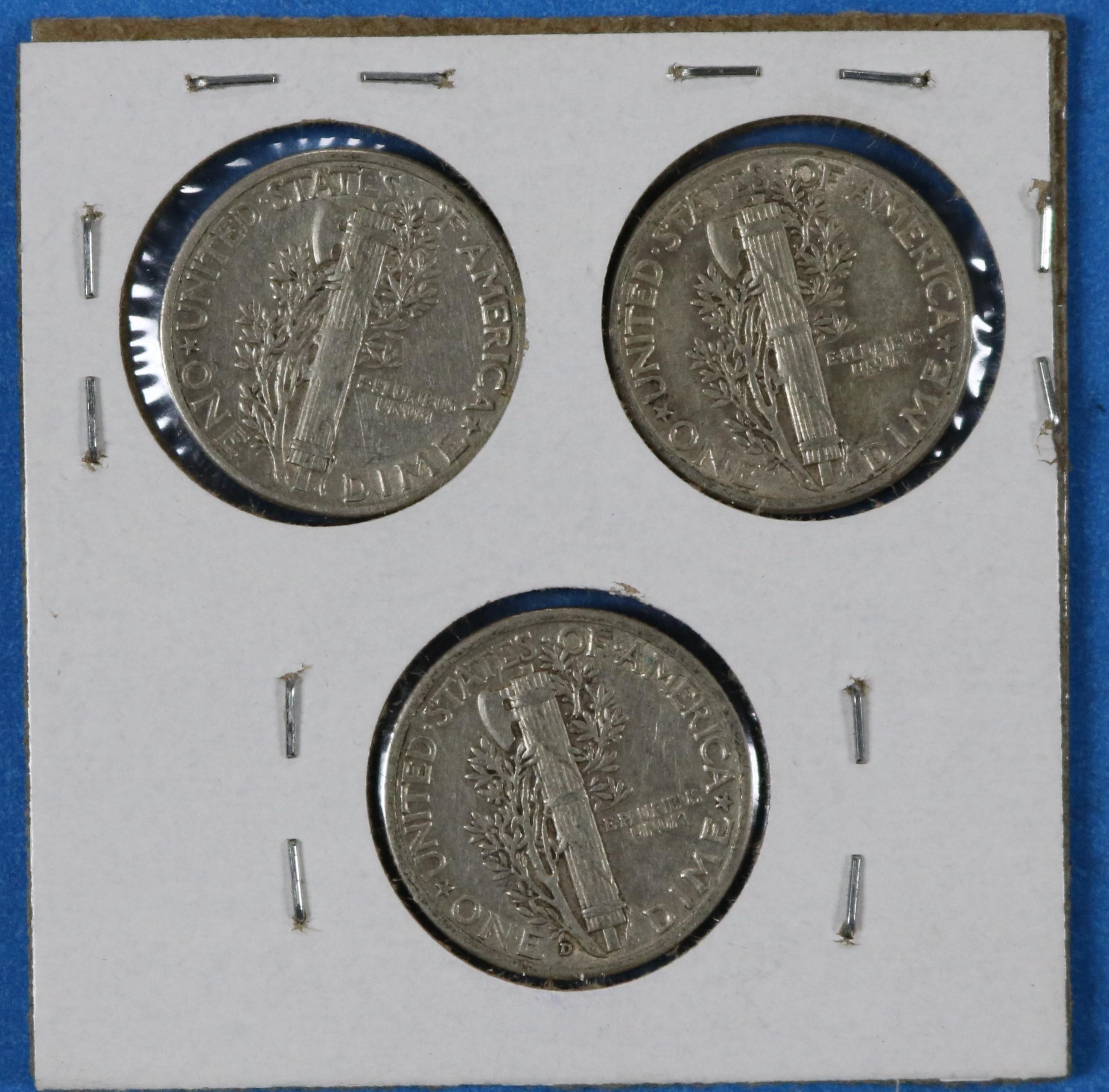 Lot of 3 Mercury Silver Dimes 1943 1943-S & 1944