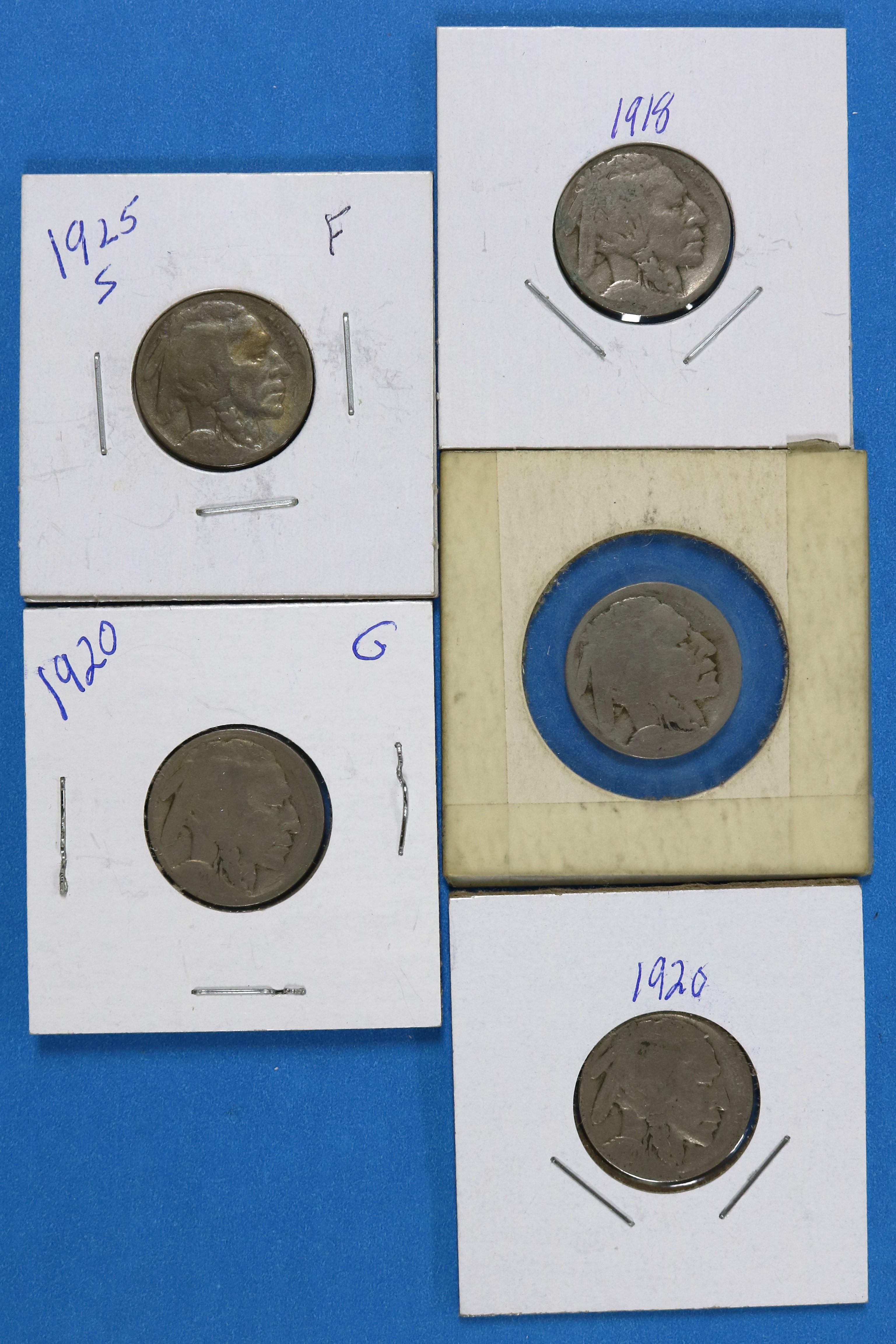 Lot of 5 Buffalo Nickels 1918-1925