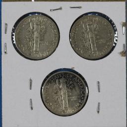 Lot of 3 Silver Mercury Dimes 1941-D, 1942-D, 1945-S