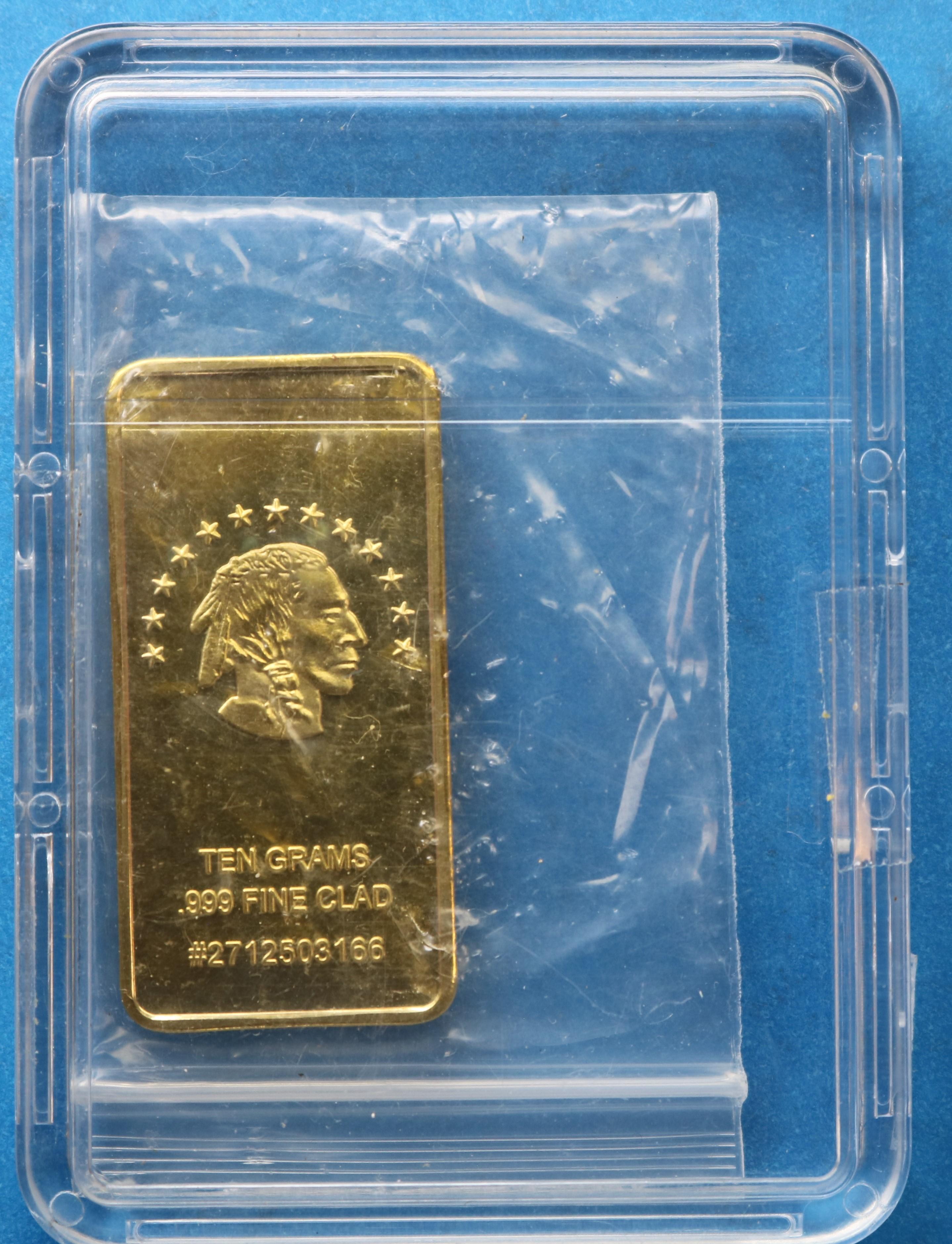10 Grams 999 Fine Clad Metal Bar Indian and Buffalo