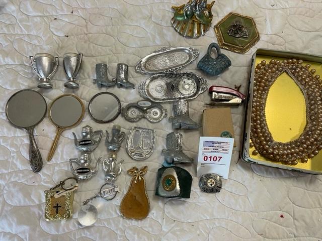 Misc box - salt&pepper shakers, baby mirrors, key chains,necklace