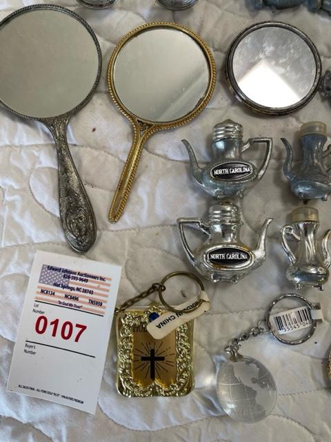Misc box - salt&pepper shakers, baby mirrors, key chains,necklace