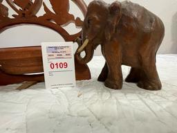 Wood elephant carving, wood box, thermometer