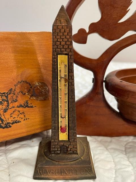 Wood elephant carving, wood box, thermometer