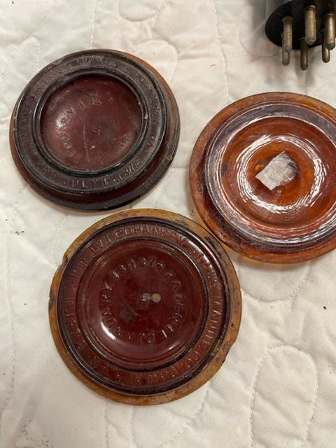 Misc lot - old tins, horse shoe, glass lids, old philco bulb