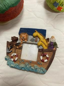 Misc lot - music boxes, owl statue, Indian ash tray