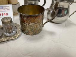 Old Robson shaver, pewter cups and salt pepper shaker
