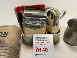 Old Robson shaver, pewter cups and salt pepper shaker