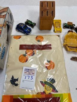 Misc lot table cloth, toy cars