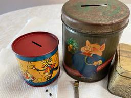 Two vintage banks and cigarette tin with contents Mickey and Minnie Mouse watches