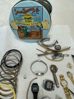 Sears Roebuck tin with misc watches