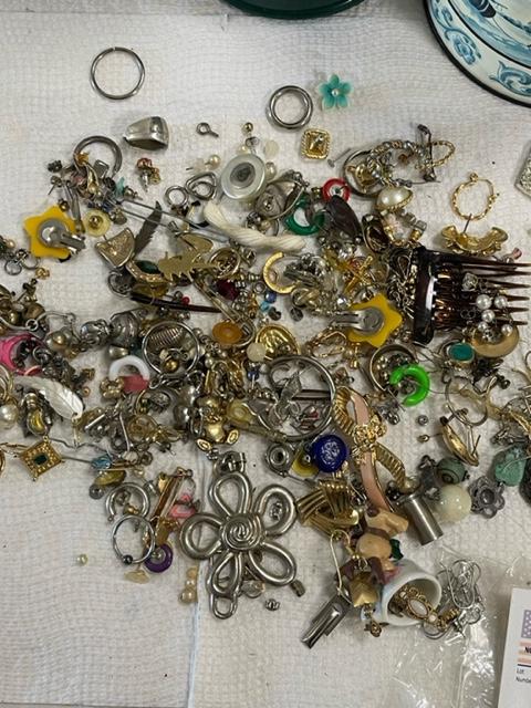 Misc jewelry lot with vintage tin, bank, jewelry box