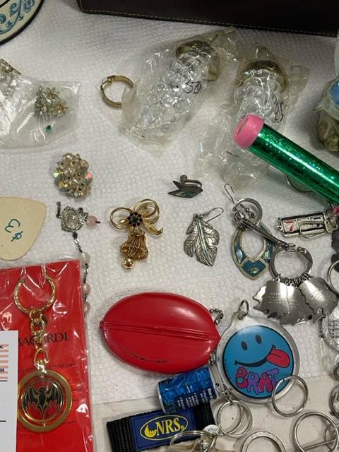 Misc jewelry lot with vintage tin, bank, jewelry box