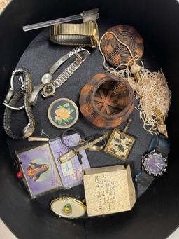 Jewelry lot with watches, silver cup and jewelry box